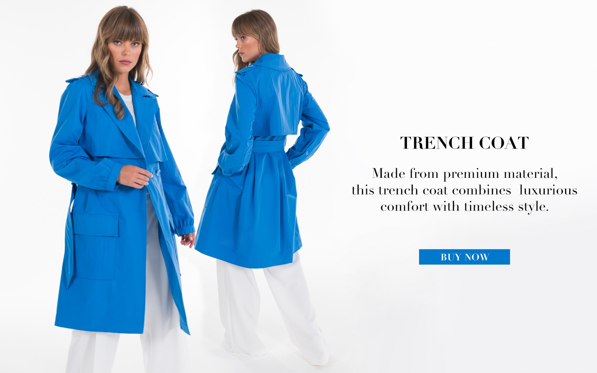 Front double-breasted rench coat with buttons, side pockets, front pockets with flaps, buttoned cuffs, belt to adjust and overlap at the top. Portuguese Design