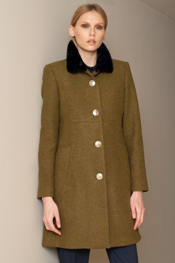 Wool coat with faux fur collar