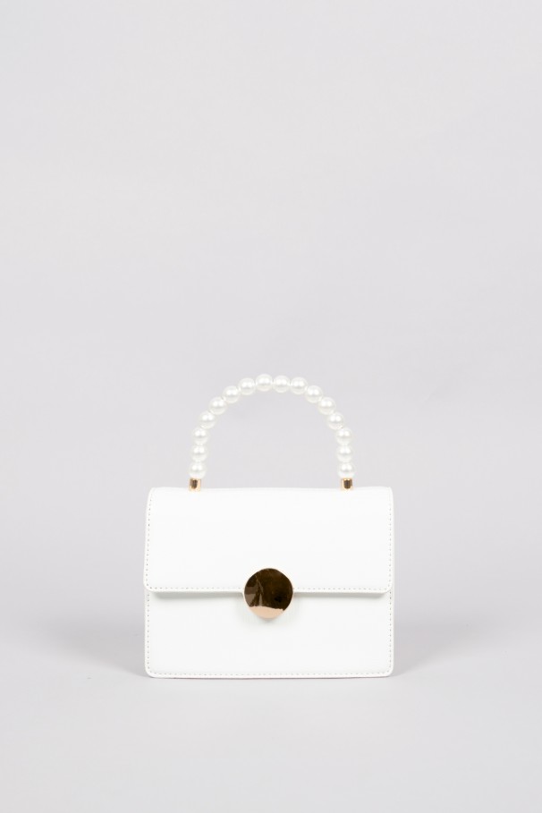 Textualized clutch with pearl strap