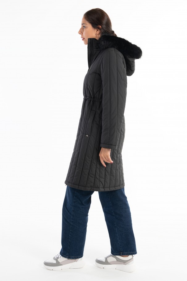 Padded parka with removable hood.