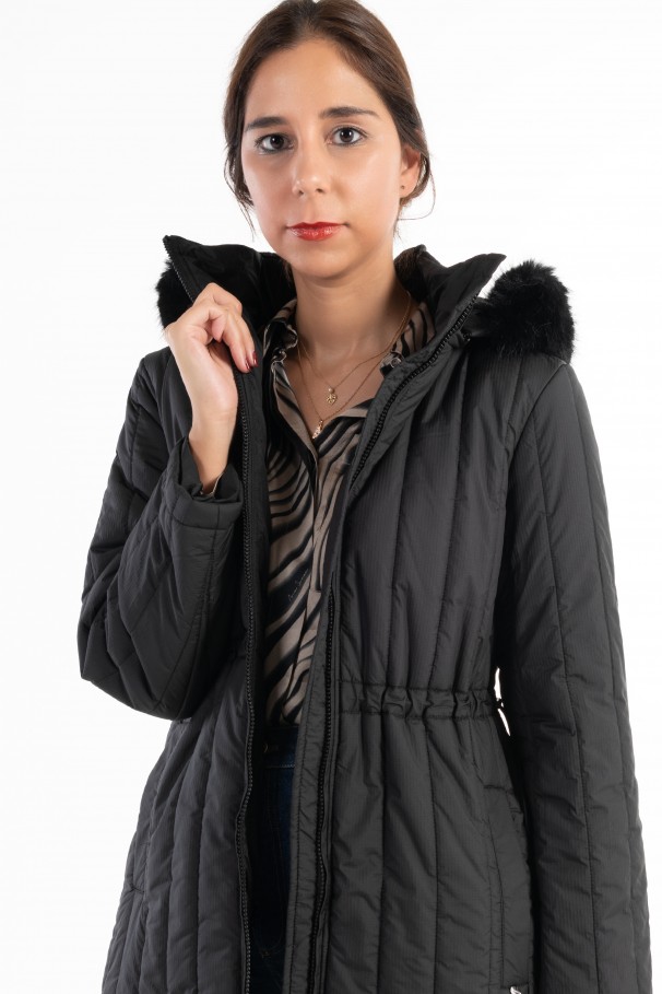 Padded parka with removable hood.