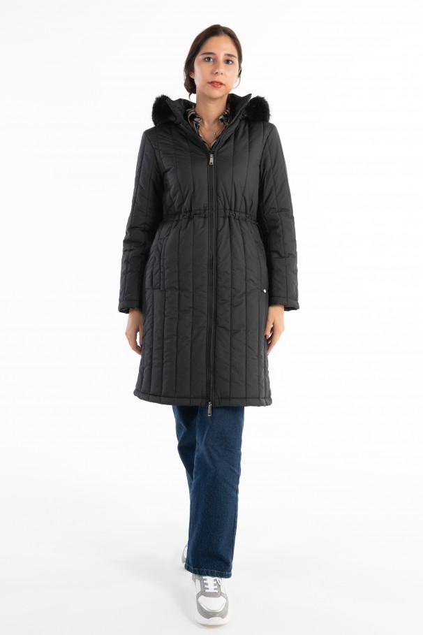 Padded parka with removable hood.