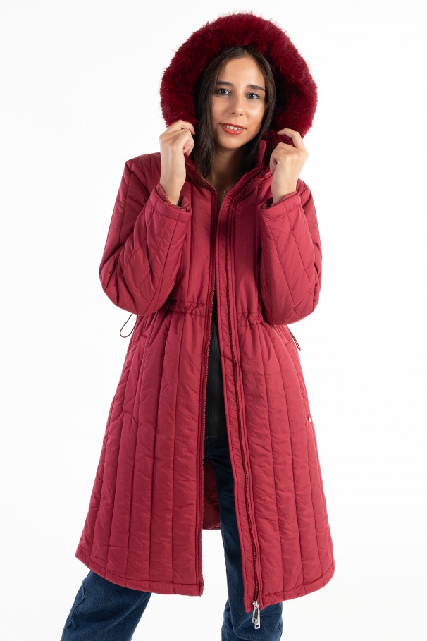 Padded parka with removable hood.